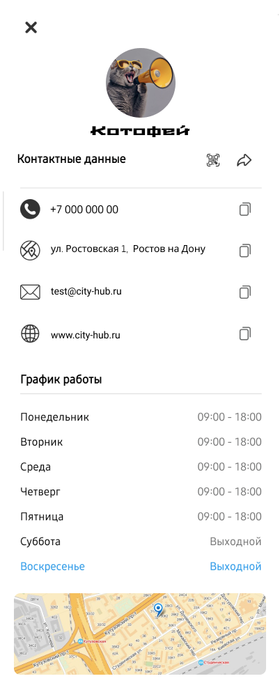 Окно контактов бизнеса
